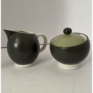 Pfaltzgraff‎ Gray and Sage Green Sphere Creamer & Sugar Bowl w/ Lid, Coffee Tea